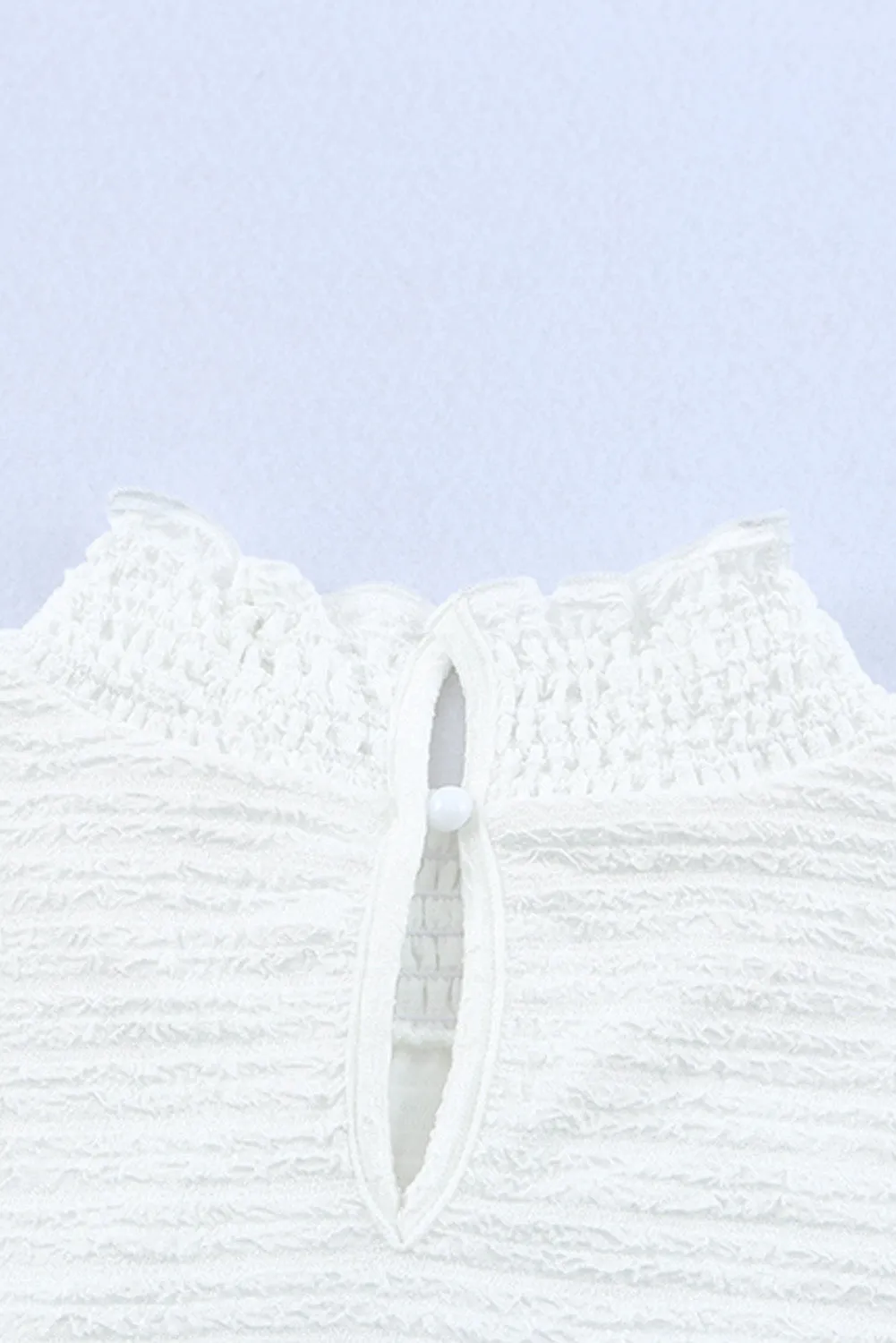 White Frilled Smocked Neck Textured Bishop Sleeve Blouse