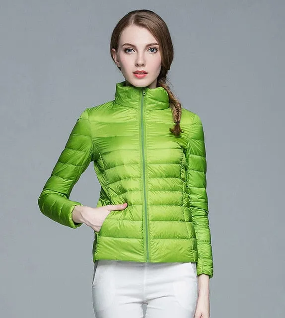 Winter Women  Stand Collar 90% White Duck Down Jacket Female Ultra Light Down Jackets Slim Long Sleeve Parkas Candy Color Fashio