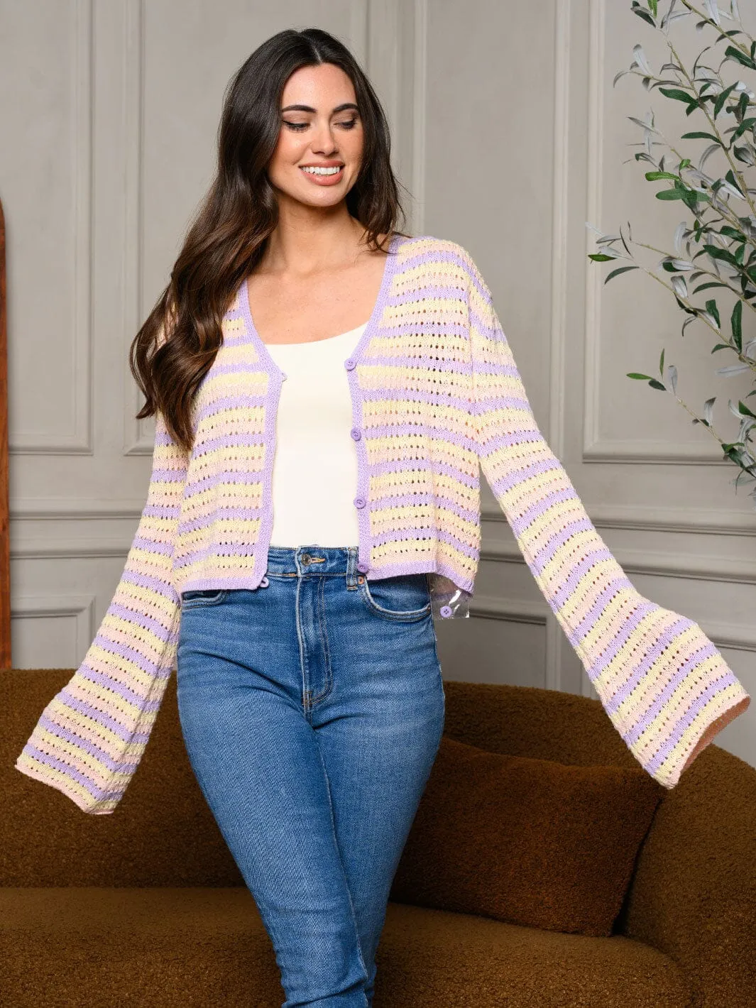 WOMEN'S LONG BELL SLEEVE COLORBLOCK CARDIGAN