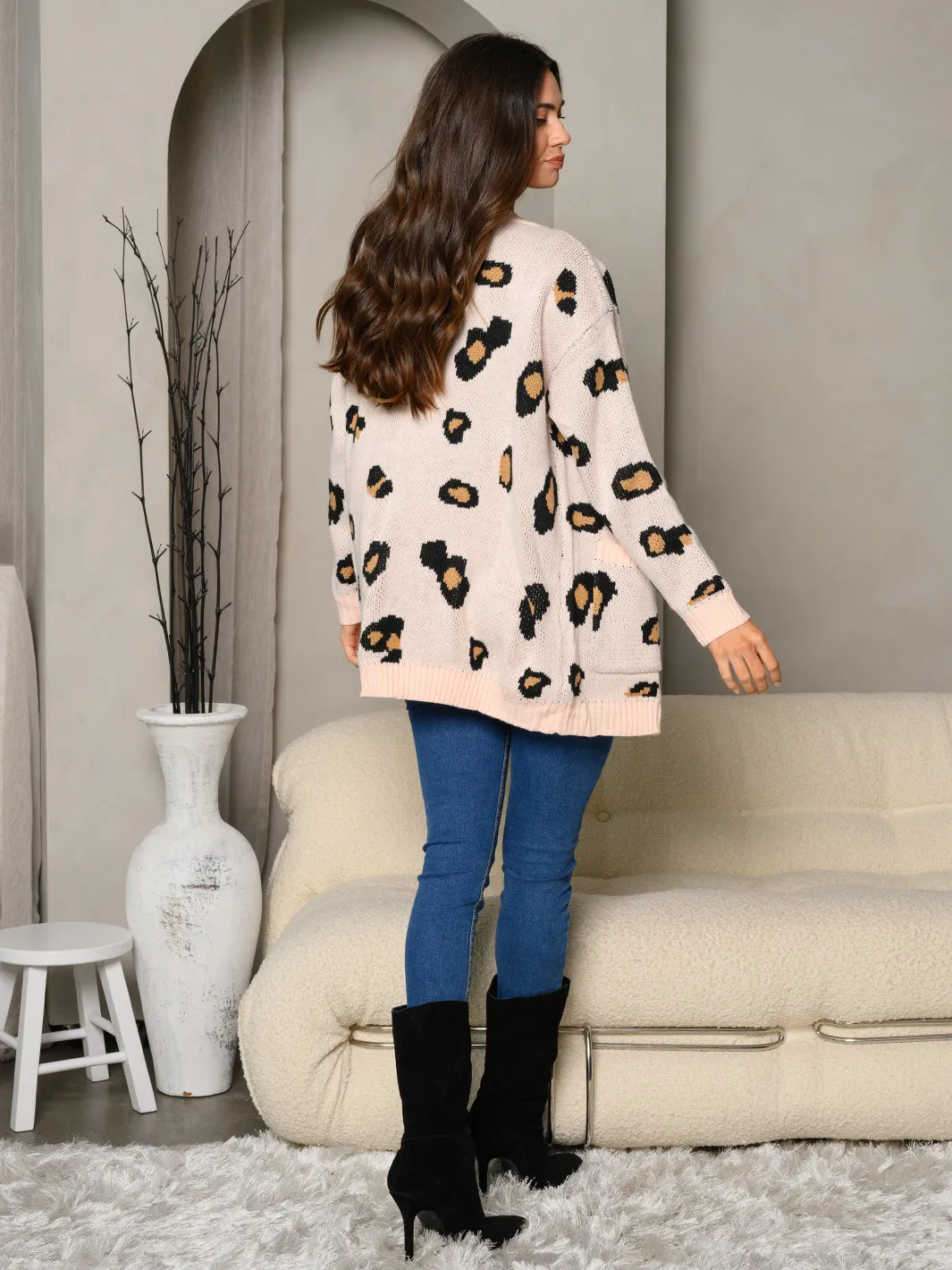 WOMEN'S LONG SLEEVE ANIMAL PRINT POCKETS OPEN CARDIGAN