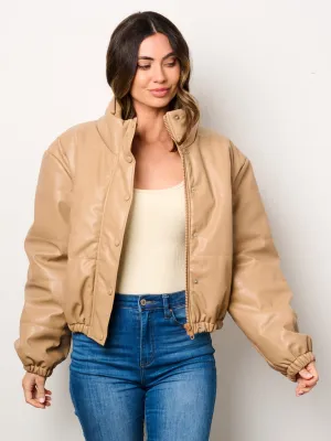 WOMEN'S LONG SLEEVE BUTTON CLOSURE POCKETS PUFFER PU PLEATHER JACKET